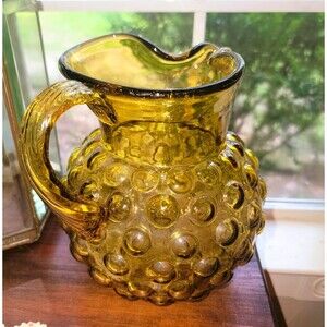 VTG Amber Glass Hobnail Pitcher wide belly applied handle hand blown 8.25" H MCM